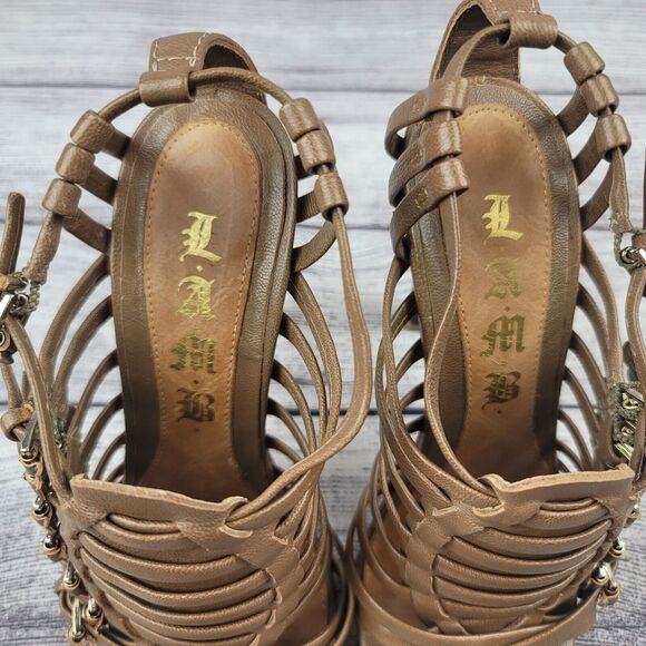 L.A.M.B Brown Leather Strappy Sandals Heels Size 6 - Picture 4 of 7